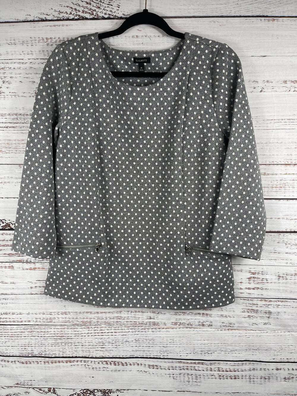 Talbots Sweater Women's SZ M Gray White Polka Dot Metallic Knit Pullover Zipper